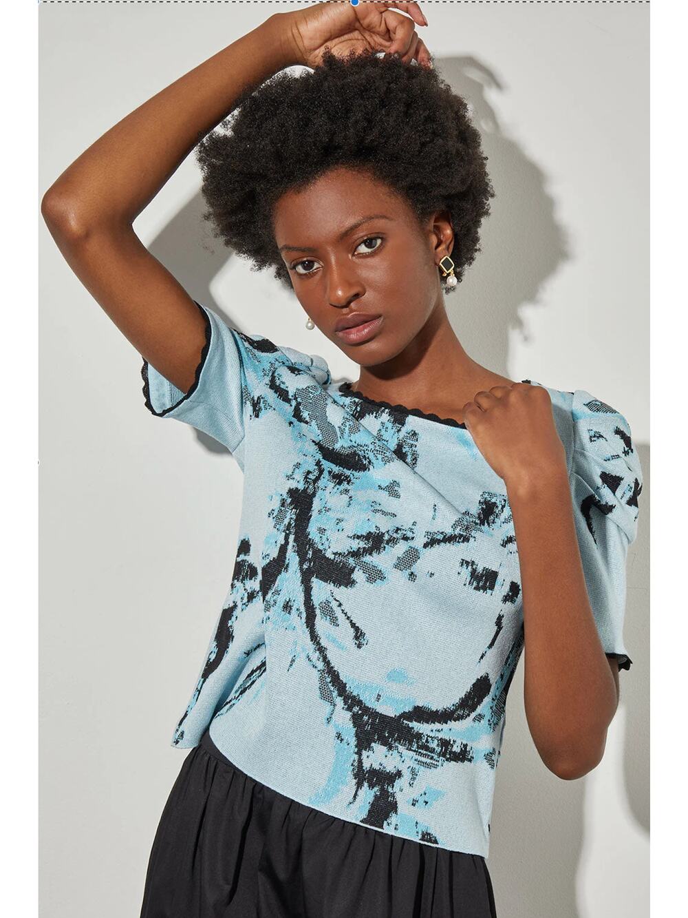 Ming Wang Womens S Blue Square Neck Abstract Soft Knit Short Sleeve Knit Top